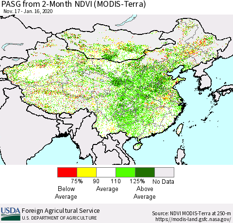 China, Mongolia and Taiwan PASG from 2-Month NDVI (Terra-MODIS) Thematic Map For 1/11/2020 - 1/20/2020
