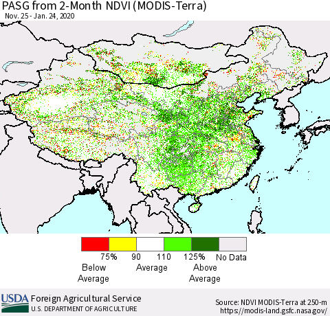 China, Mongolia and Taiwan PASG from 2-Month NDVI (Terra-MODIS) Thematic Map For 1/21/2020 - 1/31/2020