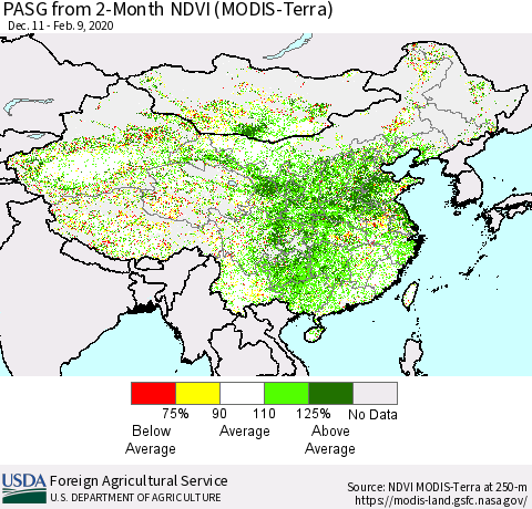 China, Mongolia and Taiwan PASG from 2-Month NDVI (Terra-MODIS) Thematic Map For 2/1/2020 - 2/10/2020
