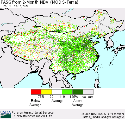 China, Mongolia and Taiwan PASG from 2-Month NDVI (Terra-MODIS) Thematic Map For 2/11/2020 - 2/20/2020