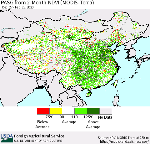 China, Mongolia and Taiwan PASG from 2-Month NDVI (Terra-MODIS) Thematic Map For 2/21/2020 - 2/29/2020