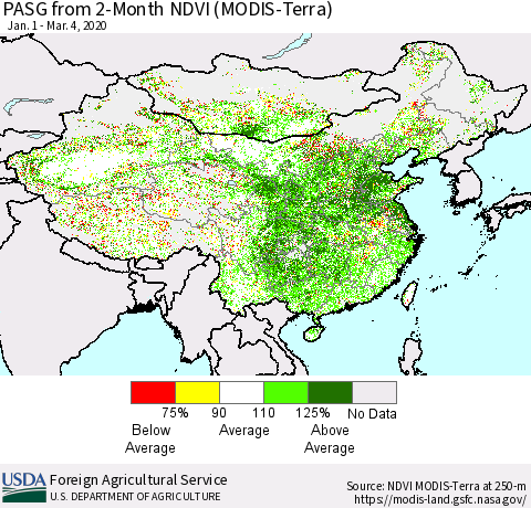 China, Mongolia and Taiwan PASG from 2-Month NDVI (Terra-MODIS) Thematic Map For 3/1/2020 - 3/10/2020