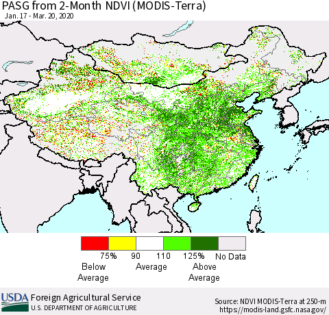 China, Mongolia and Taiwan PASG from 2-Month NDVI (Terra-MODIS) Thematic Map For 3/11/2020 - 3/20/2020