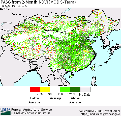 China, Mongolia and Taiwan PASG from 2-Month NDVI (Terra-MODIS) Thematic Map For 3/21/2020 - 3/31/2020