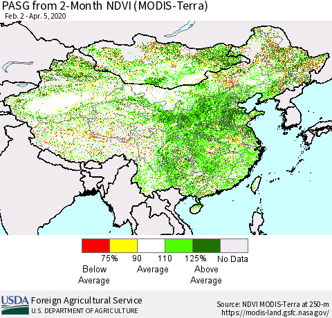 China, Mongolia and Taiwan PASG from 2-Month NDVI (Terra-MODIS) Thematic Map For 4/1/2020 - 4/10/2020