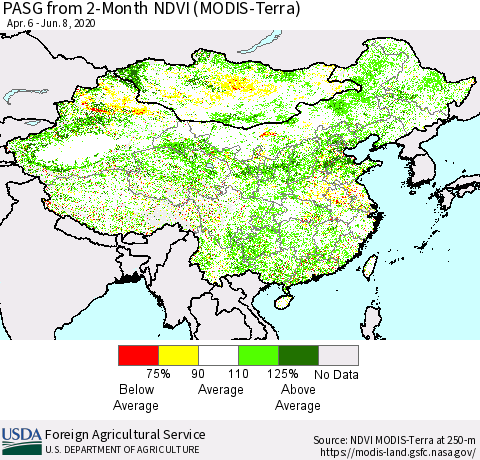 China, Mongolia and Taiwan PASG from 2-Month NDVI (Terra-MODIS) Thematic Map For 6/1/2020 - 6/10/2020
