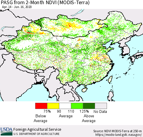 China, Mongolia and Taiwan PASG from 2-Month NDVI (Terra-MODIS) Thematic Map For 6/11/2020 - 6/20/2020