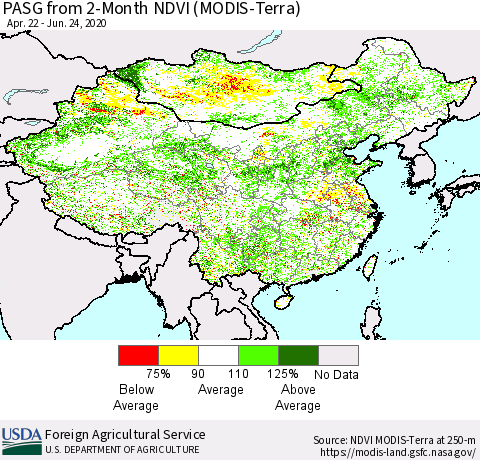 China, Mongolia and Taiwan PASG from 2-Month NDVI (Terra-MODIS) Thematic Map For 6/21/2020 - 6/30/2020
