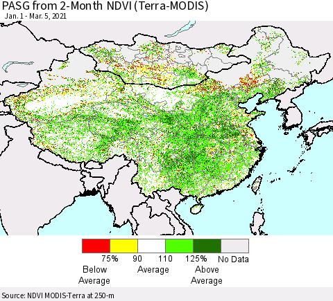 China, Mongolia and Taiwan PASG from 2-Month NDVI (Terra-MODIS) Thematic Map For 2/26/2021 - 3/5/2021