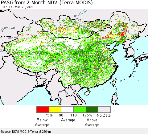 China, Mongolia and Taiwan PASG from 2-Month NDVI (Terra-MODIS) Thematic Map For 3/14/2021 - 3/21/2021