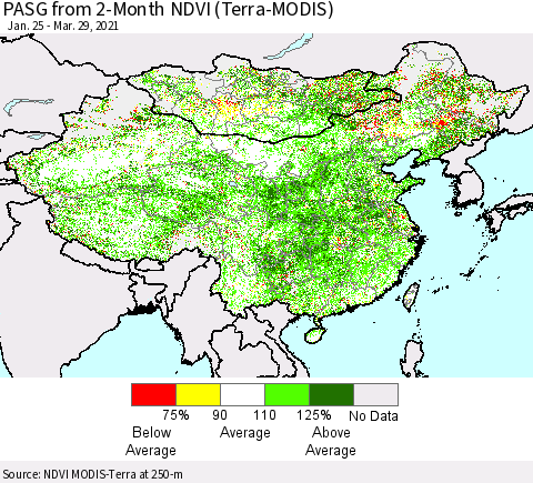 China, Mongolia and Taiwan PASG from 2-Month NDVI (Terra-MODIS) Thematic Map For 3/22/2021 - 3/29/2021