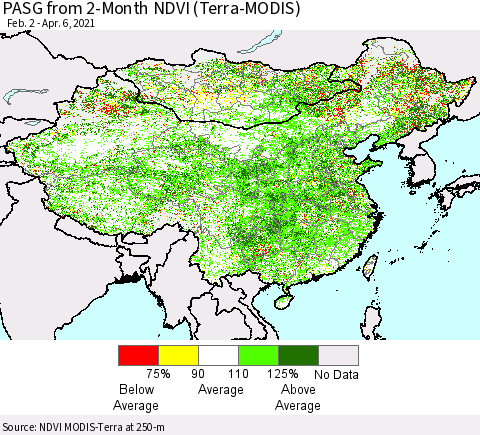 China, Mongolia and Taiwan PASG from 2-Month NDVI (Terra-MODIS) Thematic Map For 3/30/2021 - 4/6/2021