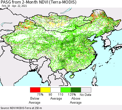 China, Mongolia and Taiwan PASG from 2-Month NDVI (Terra-MODIS) Thematic Map For 4/15/2021 - 4/22/2021