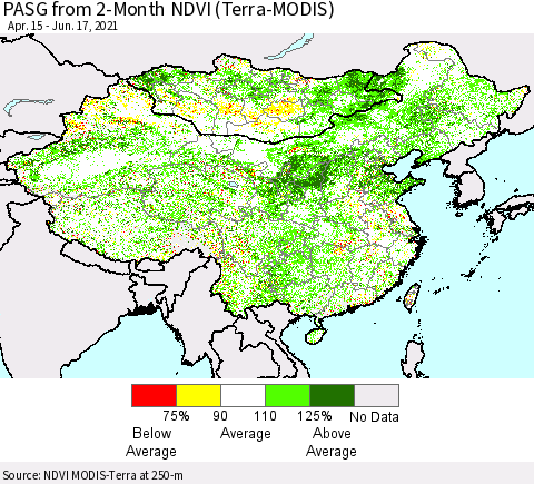 China, Mongolia and Taiwan PASG from 2-Month NDVI (Terra-MODIS) Thematic Map For 6/10/2021 - 6/17/2021