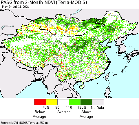 China, Mongolia and Taiwan PASG from 2-Month NDVI (Terra-MODIS) Thematic Map For 7/4/2021 - 7/11/2021