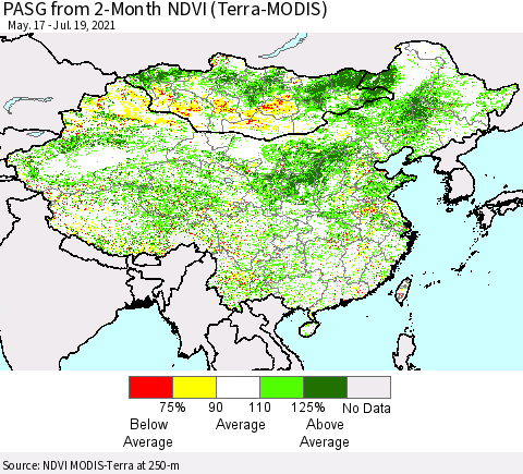 China, Mongolia and Taiwan PASG from 2-Month NDVI (Terra-MODIS) Thematic Map For 7/12/2021 - 7/19/2021