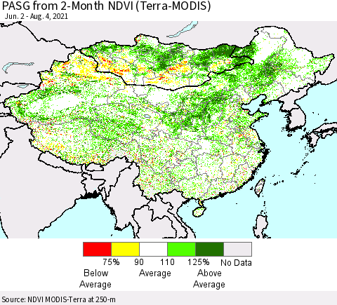 China, Mongolia and Taiwan PASG from 2-Month NDVI (Terra-MODIS) Thematic Map For 7/28/2021 - 8/4/2021