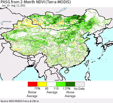 China, Mongolia and Taiwan PASG from 2-Month NDVI (Terra-MODIS) Thematic Map For 8/5/2021 - 8/12/2021