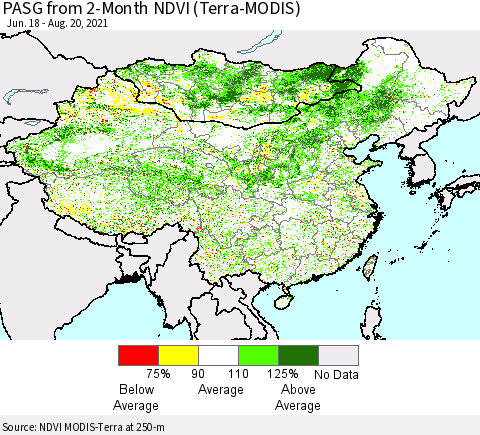 China, Mongolia and Taiwan PASG from 2-Month NDVI (Terra-MODIS) Thematic Map For 8/13/2021 - 8/20/2021