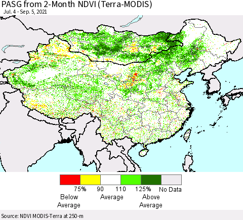 China, Mongolia and Taiwan PASG from 2-Month NDVI (Terra-MODIS) Thematic Map For 8/29/2021 - 9/5/2021