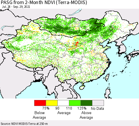 China, Mongolia and Taiwan PASG from 2-Month NDVI (Terra-MODIS) Thematic Map For 9/22/2021 - 9/29/2021