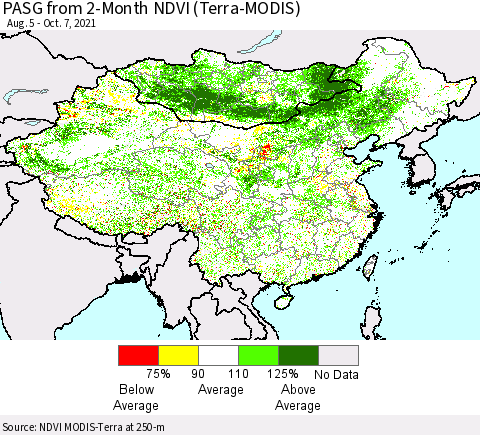 China, Mongolia and Taiwan PASG from 2-Month NDVI (Terra-MODIS) Thematic Map For 9/30/2021 - 10/7/2021