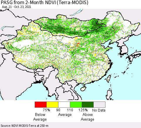 China, Mongolia and Taiwan PASG from 2-Month NDVI (Terra-MODIS) Thematic Map For 10/16/2021 - 10/23/2021
