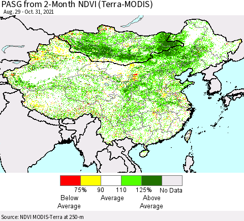 China, Mongolia and Taiwan PASG from 2-Month NDVI (Terra-MODIS) Thematic Map For 10/24/2021 - 10/31/2021