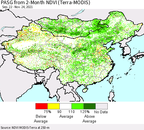 China, Mongolia and Taiwan PASG from 2-Month NDVI (Terra-MODIS) Thematic Map For 11/17/2021 - 11/24/2021