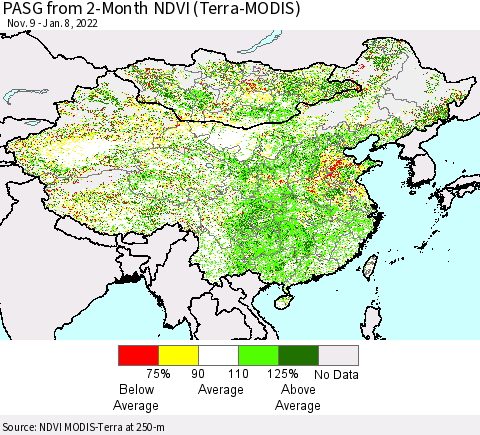 China, Mongolia and Taiwan PASG from 2-Month NDVI (Terra-MODIS) Thematic Map For 1/1/2022 - 1/8/2022