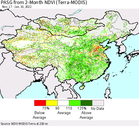 China, Mongolia and Taiwan PASG from 2-Month NDVI (Terra-MODIS) Thematic Map For 1/9/2022 - 1/16/2022