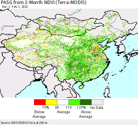 China, Mongolia and Taiwan PASG from 2-Month NDVI (Terra-MODIS) Thematic Map For 1/25/2022 - 2/1/2022