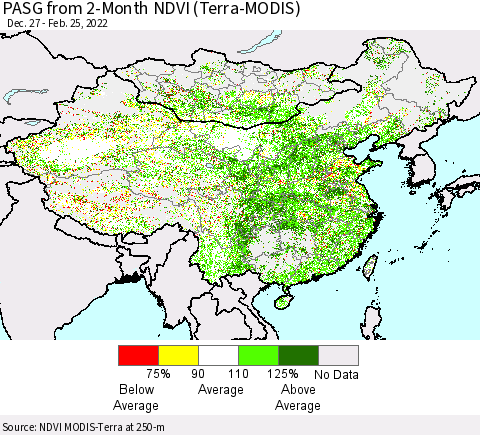 China, Mongolia and Taiwan PASG from 2-Month NDVI (Terra-MODIS) Thematic Map For 2/18/2022 - 2/25/2022