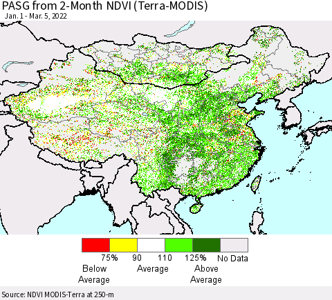 China, Mongolia and Taiwan PASG from 2-Month NDVI (Terra-MODIS) Thematic Map For 2/26/2022 - 3/5/2022