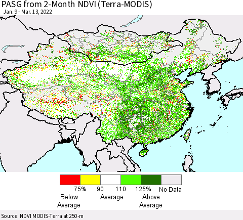 China, Mongolia and Taiwan PASG from 2-Month NDVI (Terra-MODIS) Thematic Map For 3/6/2022 - 3/13/2022