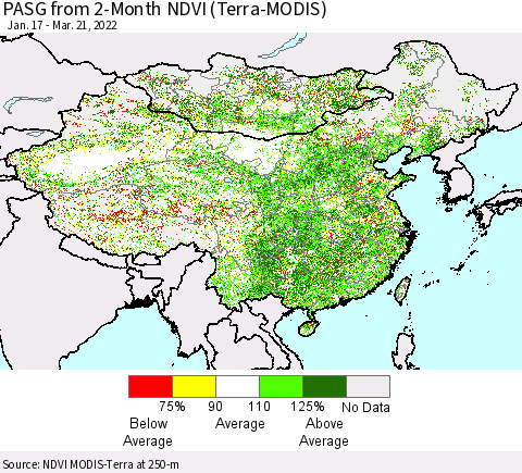 China, Mongolia and Taiwan PASG from 2-Month NDVI (Terra-MODIS) Thematic Map For 3/14/2022 - 3/21/2022
