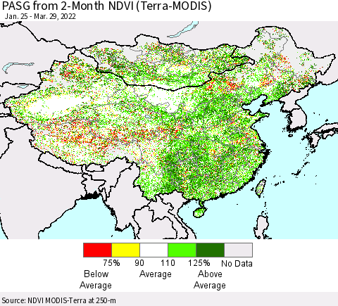 China, Mongolia and Taiwan PASG from 2-Month NDVI (Terra-MODIS) Thematic Map For 3/22/2022 - 3/29/2022