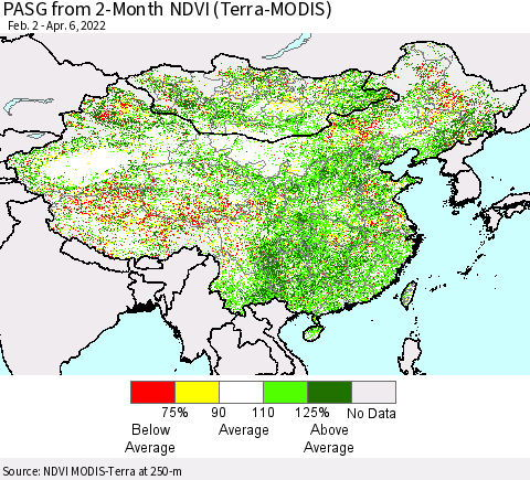 China, Mongolia and Taiwan PASG from 2-Month NDVI (Terra-MODIS) Thematic Map For 3/30/2022 - 4/6/2022
