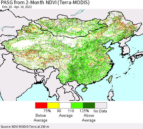 China, Mongolia and Taiwan PASG from 2-Month NDVI (Terra-MODIS) Thematic Map For 4/7/2022 - 4/14/2022