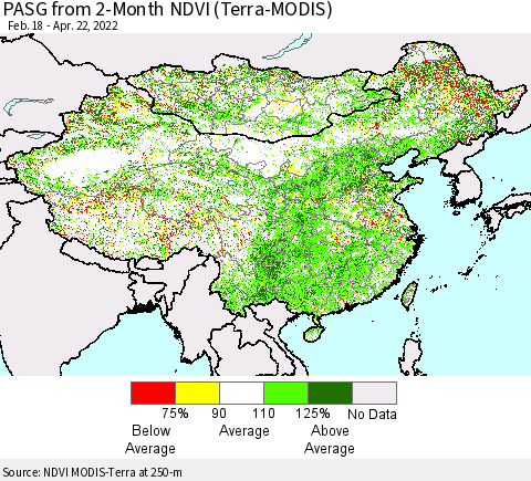 China, Mongolia and Taiwan PASG from 2-Month NDVI (Terra-MODIS) Thematic Map For 4/15/2022 - 4/22/2022