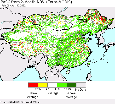 China, Mongolia and Taiwan PASG from 2-Month NDVI (Terra-MODIS) Thematic Map For 4/23/2022 - 4/30/2022