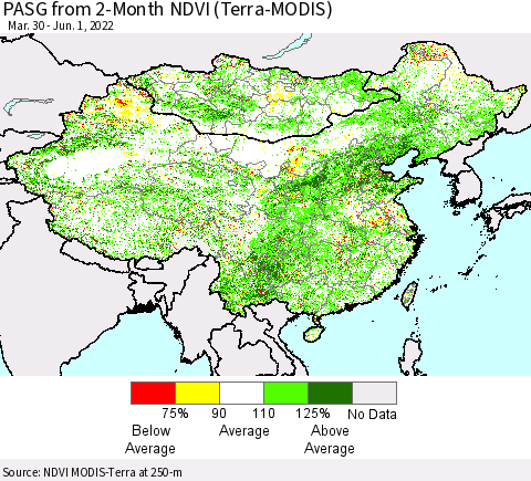 China, Mongolia and Taiwan PASG from 2-Month NDVI (Terra-MODIS) Thematic Map For 5/25/2022 - 6/1/2022