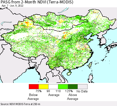 China, Mongolia and Taiwan PASG from 2-Month NDVI (Terra-MODIS) Thematic Map For 6/2/2022 - 6/9/2022