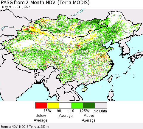 China, Mongolia and Taiwan PASG from 2-Month NDVI (Terra-MODIS) Thematic Map For 7/4/2022 - 7/11/2022
