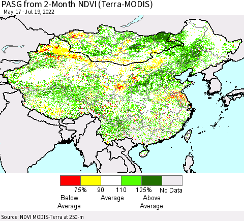 China, Mongolia and Taiwan PASG from 2-Month NDVI (Terra-MODIS) Thematic Map For 7/12/2022 - 7/19/2022