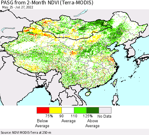 China, Mongolia and Taiwan PASG from 2-Month NDVI (Terra-MODIS) Thematic Map For 7/20/2022 - 7/27/2022