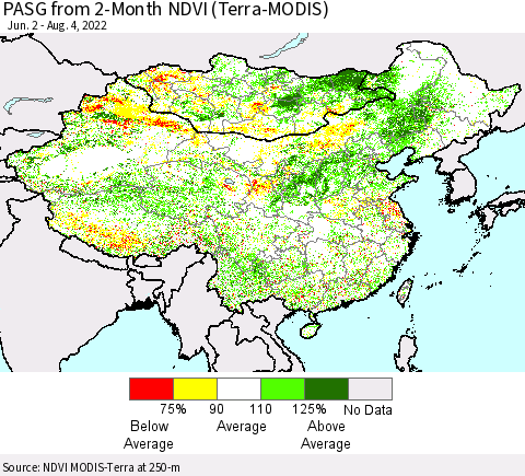 China, Mongolia and Taiwan PASG from 2-Month NDVI (Terra-MODIS) Thematic Map For 7/28/2022 - 8/4/2022