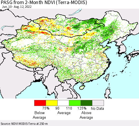 China, Mongolia and Taiwan PASG from 2-Month NDVI (Terra-MODIS) Thematic Map For 8/5/2022 - 8/12/2022