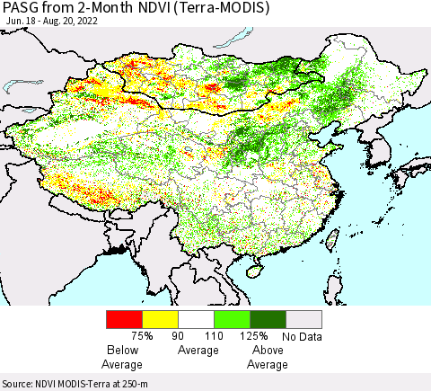China, Mongolia and Taiwan PASG from 2-Month NDVI (Terra-MODIS) Thematic Map For 8/13/2022 - 8/20/2022