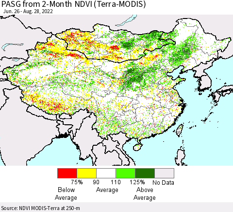 China, Mongolia and Taiwan PASG from 2-Month NDVI (Terra-MODIS) Thematic Map For 8/21/2022 - 8/28/2022